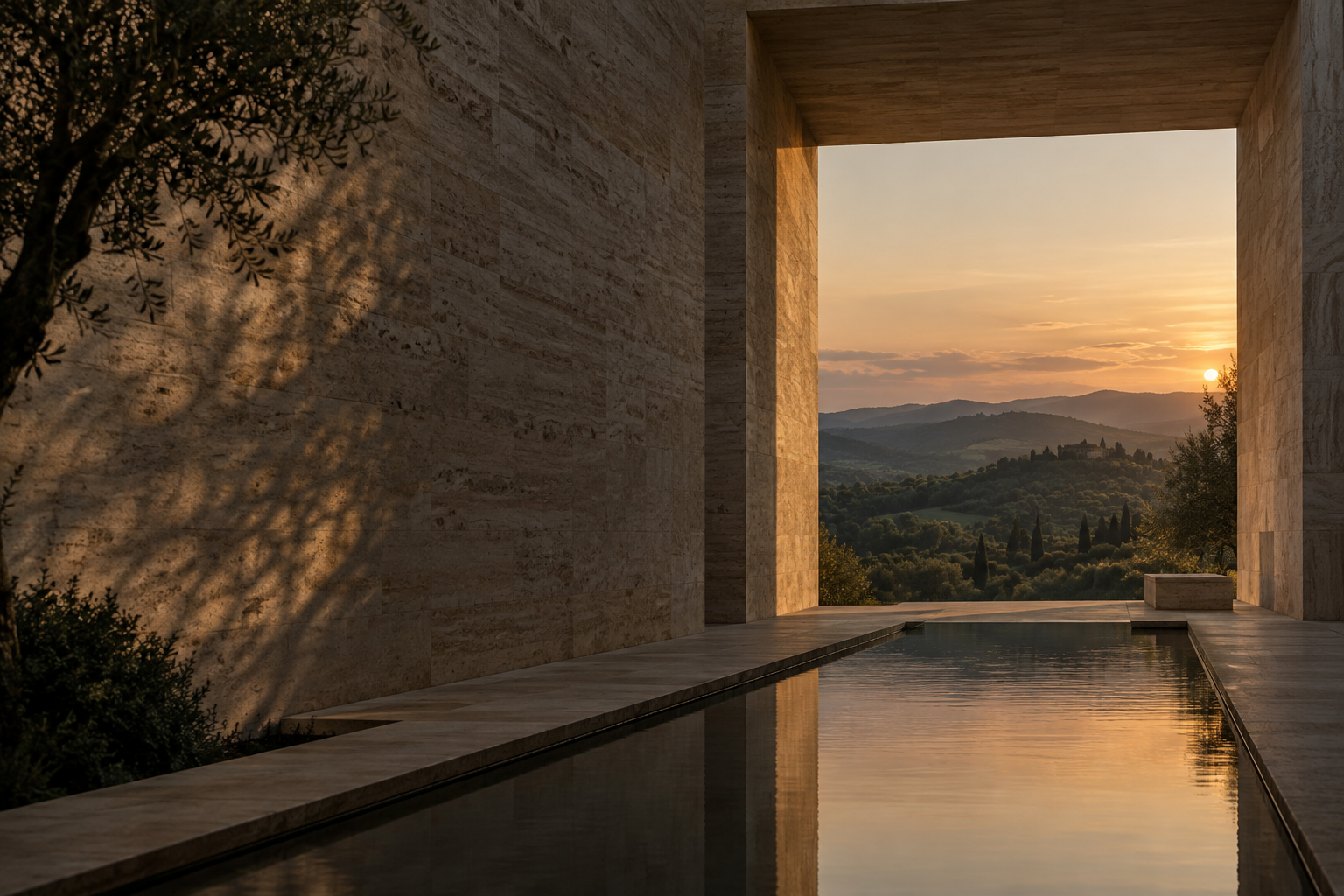 Travertine architecture opening onto a quiet landscape